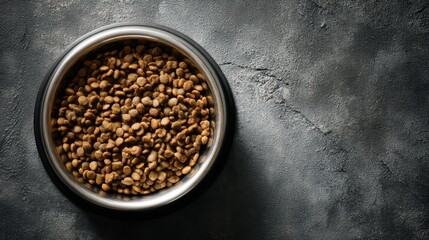 A bowl sits on a dark surface filled with dry pet food. The setting appears to be indoors likely in a kitchen or dining area. Light shows the texture of the food.