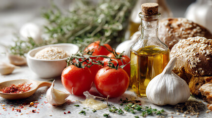 Fresh tomatoes, garlic, herbs, and olive oil create a vibrant cooking scene for delicious recipes.