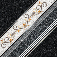 Luxurious Black Granite Tile Texture with Elegant Floral Ornament, Seamless Decorative Diagonal Pattern for Interior Design