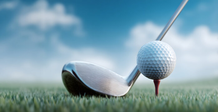 golf ball and driver positioned on a tee under a clear blue sky, outdoor course setting during daytime play, capturing focus and precision for athletes, - Powered by Adobe