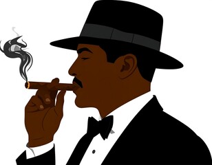 Sophisticated Man Smoking Cigar in Classic Attire.