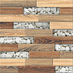 Modern Decorative Wall Tile Texture with Wooden Planks and White Pebbles, 3D Seamless Pattern for Interior Design