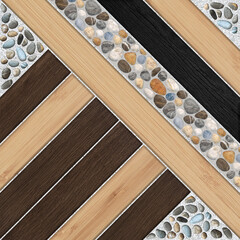 Modern Diagonal Geometric Tile Texture with Mixed Wood Planks and Colorful River Stones, Seamless Pattern for Decorative Floor and Wall Design