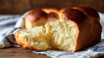 Freshly baked brioche bread loaf, showcasing its soft texture and golden crust, perfect for breakfast or dessert.