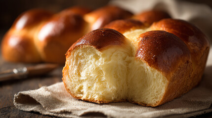 Freshly baked brioche bread loaf with a soft, golden crust and a fluffy interior, perfect for breakfast or dessert.