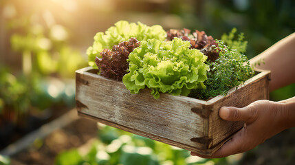 Freshly harvested greens in a rustic wooden box, perfect for a healthy meal or organic gardening inspiration.