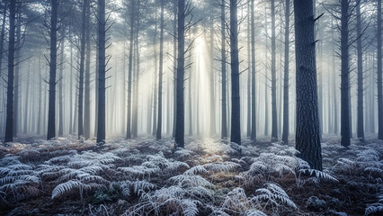 Ethereal Winter Forest Scene with Foggy Trees and Frost-Covered Ferns at Sunrise