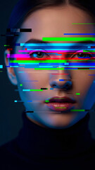 Striking Portrait of a Woman with Digital Glitch Effect and Vibrant RGB Color Bars Across Her Face