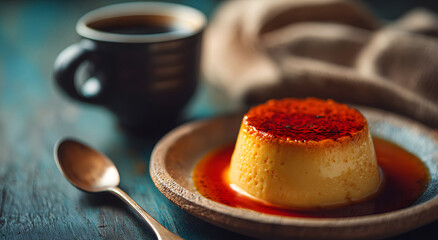 Flan dessert with rich caramel sauce served beside coffee on a table in vintage style cafe setting photographed in warm light for restaurant menu design dessert promotion