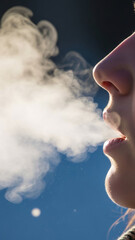 Close-up Profile of a Woman Exhaling a Plume of Vapor or Breath against a Blue Sky