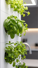 Modern Vertical Garden with Fresh Aromatic Herbs Growing in a Stylish Contemporary Kitchen Interior