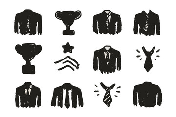 Conjunto de ícones desenhados à mão de ternos, troféus e gravatas para sucesso e negócios em fundo transparente.