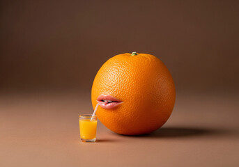 Surreal Image of a Whole Orange Using a Straw to Drink Juice from a Small Glass