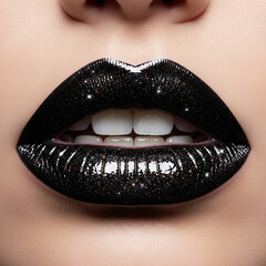 Macro Shot of Lips with Glossy Black Lipstick and Sparkly Glitter for a Dramatic Beauty Look