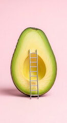 Conceptual Image of a Half Avocado with a Miniature Metal Ladder Propped Inside Its Pit Hole