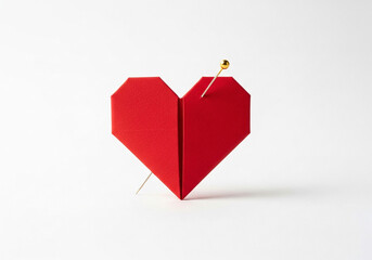 Red Origami Heart Pinned Down by a Gold Needle on a Plain White Minimalist Background