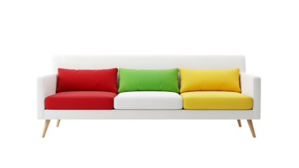 Modern white sofa with colorful cushions and pillows isolated on transparent background