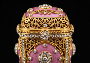 Close-up of an Exquisitely Detailed Pink Enamel and Gold Filigree Decorative Egg with Diamonds