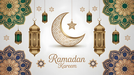 Ramadan Kareem background with lanterns, moon and star decorations.