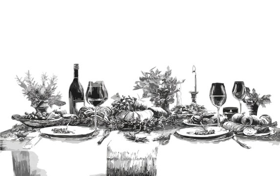 Mesa de jantar elegante com ta&ccedil;as de vinho, garrafa e decora&ccedil;&atilde;o festiva em ilustra&ccedil;&atilde;o vetorial preto e branco.
