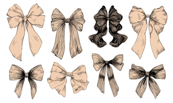 Conjunto de gravatas borboleta e la&ccedil;os desenhados &agrave; m&atilde;o em tons neutros, perfeitos para decora&ccedil;&atilde;o e design.