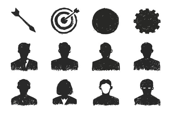 &Iacute;cones de neg&oacute;cios desenhados &agrave; m&atilde;o em preto e branco, incluindo silhuetas de perfis e s&iacute;mbolos de alvo e engrenagem.