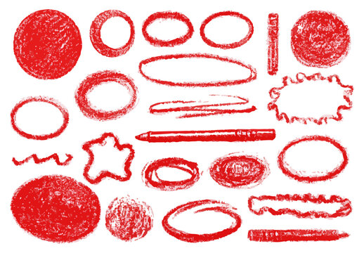 Conjunto de formas e rabiscos desenhados &agrave; m&atilde;o com giz de cera vermelho sobre fundo transparente.
