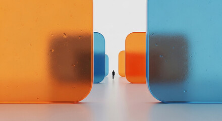Conceptual Illustration of a Lone Figure Walking Through a Path of Translucent Orange and Blue Glass Panels