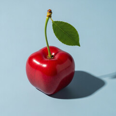 Creative Conceptual Image of a Single Square-Shaped Red Cherry with a Green Leaf on a Blue Background