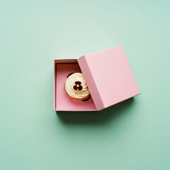 Minimalist Top-Down View of a Single Gourmet Vanilla Cupcake Inside an Open Pink Pastry Box Display