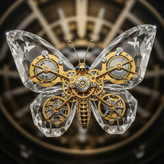 Intricate Steampunk Butterfly Crafted from Transparent Crystal and Golden Watch Gears and Mechanisms Concept
