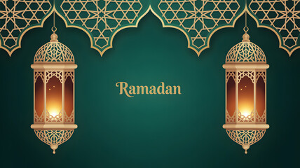 Elegant Ramadan lanterns and Islamic arch on a deep green background