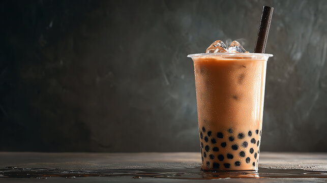 Refreshing bubble tea in a clear cup with ice and a black straw, perfect for warm days or casual hangouts.