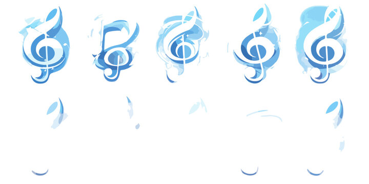 Conjunto de &iacute;cones de clave de sol estilizados em tons de azul com efeito aquarela e fundo transparente.