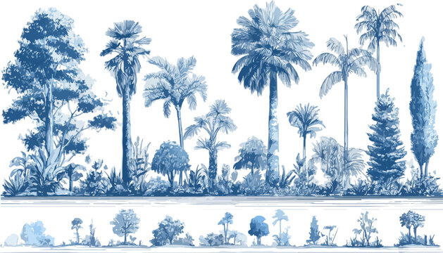 Cole&ccedil;&atilde;o de ilustra&ccedil;&otilde;es bot&acirc;nicas de &aacute;rvores tropicais e folhagens em estilo monocrom&aacute;tico azul sobre fundo branco.