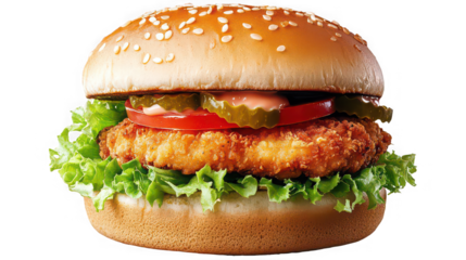 Crispy breaded chicken sandwich features fresh lettuce tomato and pickle slices on a sesame seed bun isolated against black background
