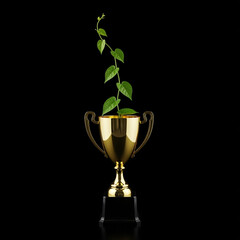 Golden Winner Trophy Cup with a Green Plant Growing Out of It Symbolizing Success and Growth