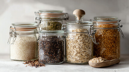Various jars filled with grains and seeds display a healthy assortment ideal for meal preparation and cooking.
