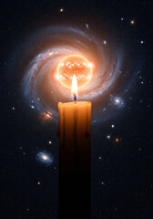 A solitary burning candle flame set against a breathtaking swirling backdrop of a starry galaxy and cosmic universe.