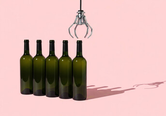 Robotic claw poised above a row of green wine bottles on a pink background suggesting selection or industrial automation.
