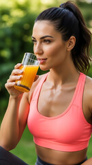 Radiant woman hydrating with nutritious juice post-exercise