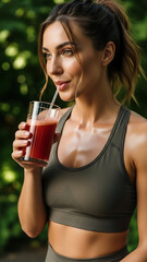 Radiant woman hydrating with nutritious juice post-exercise
