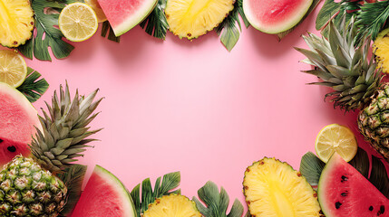 Vibrant tropical fruit border featuring watermelon, pineapple, and lemon on a pink background.