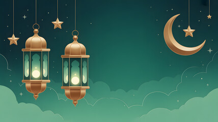 Ramadan themed illustration with lanterns, moon and stars on green background.