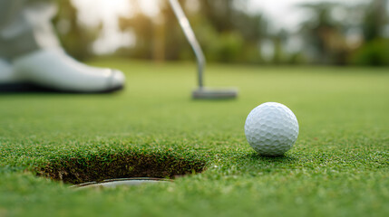 Golf player putting ball into hole on green during daytime on a professional course captured outdoors for sport advertising athlete training concepts, competition