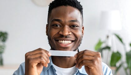 Smiling African American Man Applying Teeth Whitening Strip for Brighter Smile.