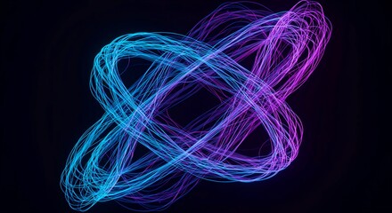 Intertwined glowing blue and purple lines forming an intricate, oscillating abstract network, symbolizing quantum energy patterns and digital flow, data, high tech, conceptual