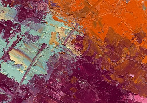 Intense visual texture created by thick paint layers, dynamic brushstrokes, and splashes, forming a vibrant, non-objective background, studio, macro, background