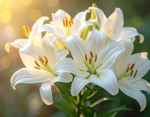 Elegant white lilies blooming with vibrant golden sunlight illuminating their pure petals in a lush garden setting
