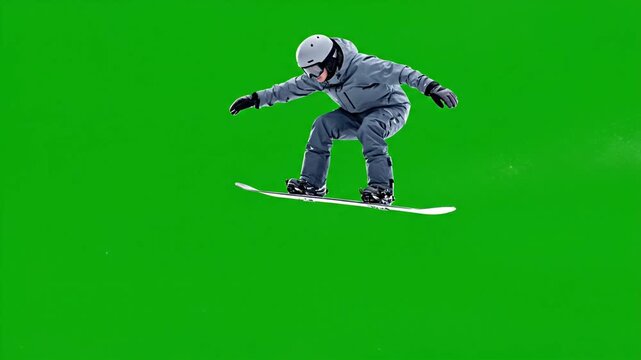 A winter sports athlete performs a dynamic jump, isolated on a bright green screen for easy editing.